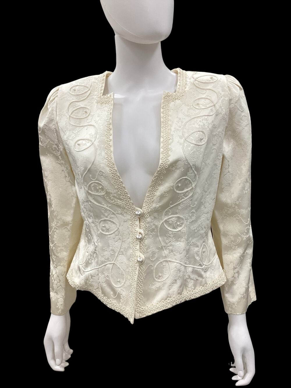 Vintage Nah Nah Blazer Women’s Size M 3Faux Pearl Closure Embossed Fabric Ivory